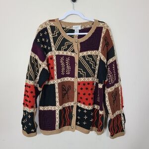 Vintage Patchwork Embroidered Womens XL Cardigan Red Black Holiday Ugly Abstract